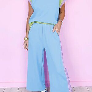 Sky Blue Color Block Detail Casual Two-piece Set **NEW**